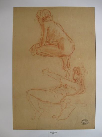 Suzanne CREPIN (1880-1956). Deux nus féminins, dessin à la sanguine sur papier bistre....