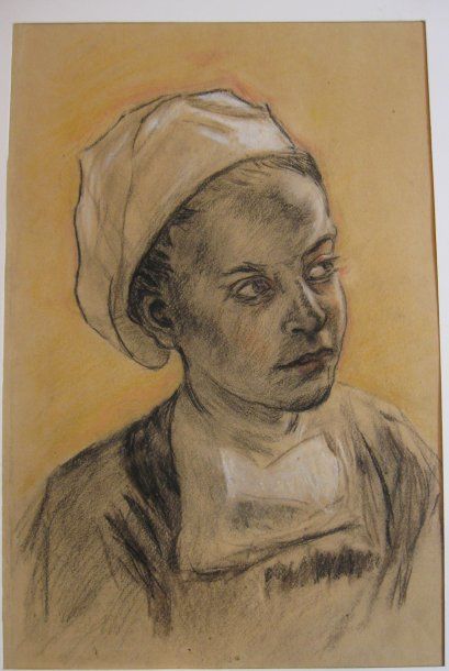 Suzanne CREPIN (1880-1956). Femme au bonnet, dessin au crayon gras et pastel sur...