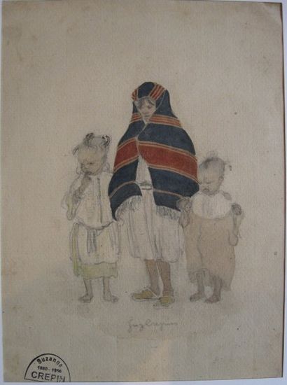 Suzanne CREPIN (1880-1956). Jeune fille et deux enfants, dessin au crayon noir et...