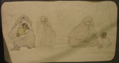 Suzanne CREPIN (1880-1956). Femmes voilées et enfants, dessin au crayon noir et aquarelle...