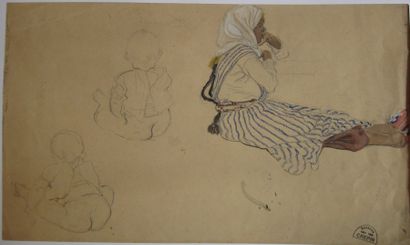 Suzanne CREPIN (1880-1956). Femme assise et deux enfants, dessin au crayon noir partiellement...