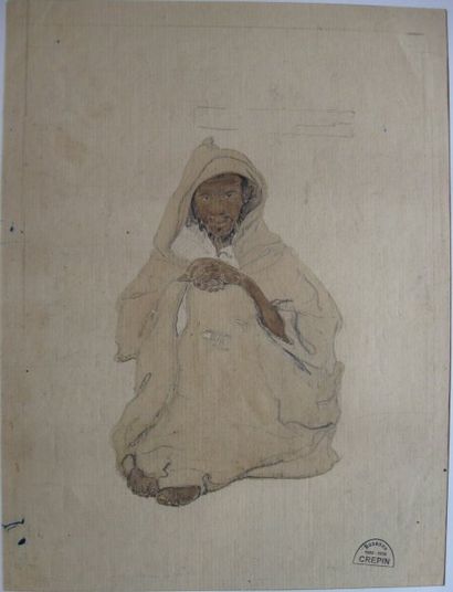 Suzanne CREPIN (1880-1956). Personnage assis, dessin au crayon noir, gras et aquarelle...