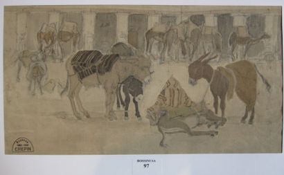 Suzanne CREPIN (1880-1956). La cour des ânes, dessin au crayon noir et aquarelle....