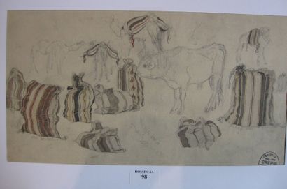 Suzanne CREPIN (1880-1956). Etude de sacs, dessin au crayon noir partiellement aquarellé...