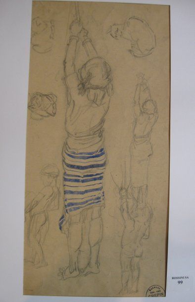 Suzanne CREPIN (1880-1956). Femme tirant sur une corde, dessin au crayon noir partiellement...