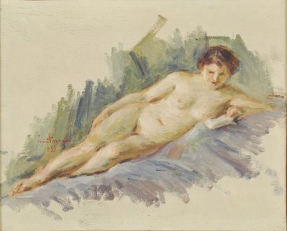 Lucien MIGNON Nu féminin lisant, 1935 Huile sur panneau marouflé sur toile, signé...