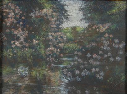 Gustav VAN DER DOES L'étang fleuri Crayons de couleurs, signé en bas à droite. 22,5...
