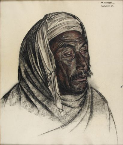 Johan Rudolf BONNET Tête d'oriental, Kairouan, 1928 Crayons noir et rouge, signé,...