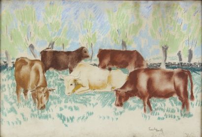 Franck BURTY-HAVILLAND Vaches aux pâturages Pastel, signé en bas à droite. 33 x 49...