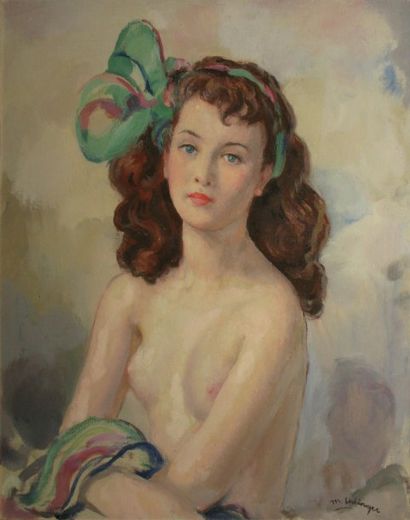 Maurice EHLINGER Jeune brune au ruban vert, 1942 Huile sur toile, signée en bas à...