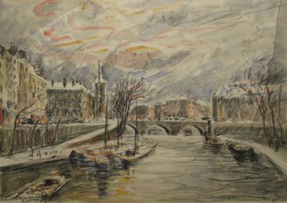 Fernand LAVAL La Seine au quai des Grands Augustins, Paris 1930 Aquarelle et crayon...