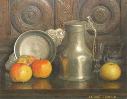 André LEROUX Étains et pommes Huile sur toile, signée en bas à droite. 38 x 46 c...