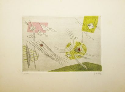 Henri GOETZ Sans titre vert et rose Eau-forte en couleurs n°14 / 50 (petites rousseurs...