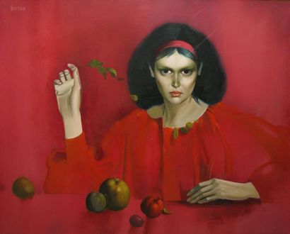 André BERTRAN La femme en rouge Huile sur toile (traces de griffures), signée en...