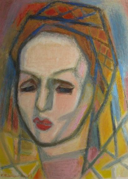 Félicia PACANOWSKA Tête de femme cubisante, 1952 Pastel sur papier, signé et daté...