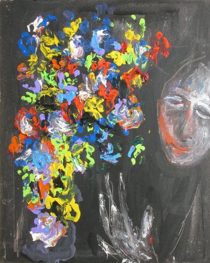 Damiano BERNARD Visage et bouquet Huile sur toile, signée au dos avec envoi. 65 x...
