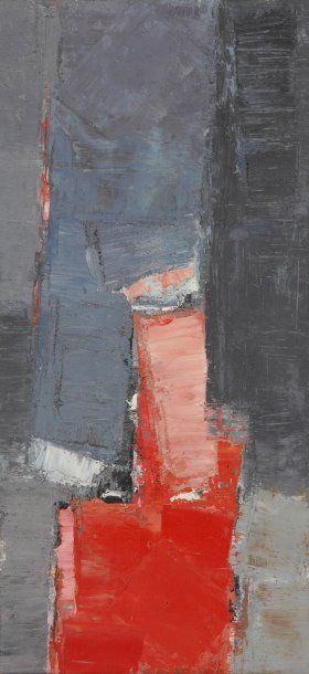 Peter KINLEY Painting in grey and red Peinture sur papier. 45,5 x 21 cm.