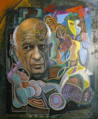 PAJO Hommage à Picasso Peinture sur toile, signée en bas à droite. 61 x 50 cm.