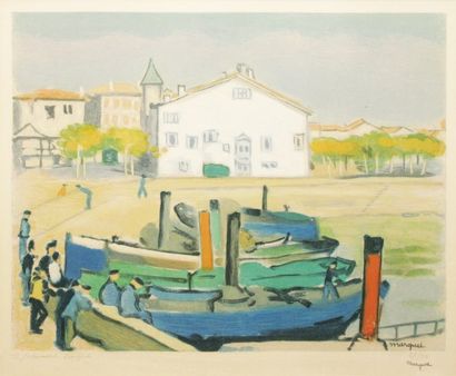 D'après Albert MARQUET Bateaux et marins à quai Lithographie en couleurs n°27/50...