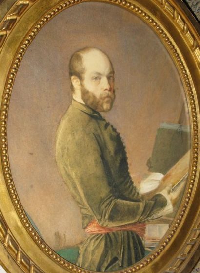ANONYME du XIXe siècle Autoportrait d'artiste Aquarelle à vue ovale (taches et traces...