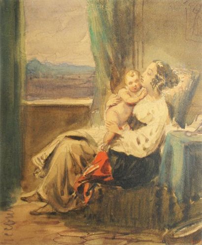 Léon Louis RIESENER Maternité italienne Aquarelle, cachet de vente en bas à droite....