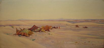 Alphonse BIRCK Campement dans le désert Aquarelle, signée en bas à droite. 31 x 64,5...