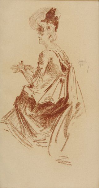 Jules CHÉRET Élégante au chapeau Sanguine sur papier beige (quelques rousseurs),...