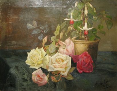 Alexandre DEBRUS Roses et fuschias, 1886 Huile sur toile (marques de châssis, craquelures...