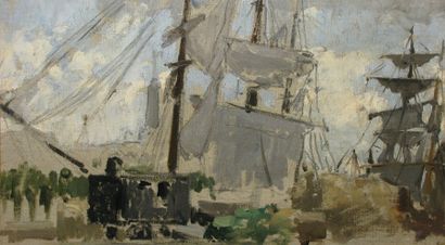 ÉCOLE FRANÇAISE du XIXe siècle Grand voilier au port Huile sur toile rentoilée, non...