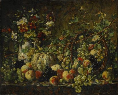 François VERNAY Fruits et fleurs sur un entablement Huile sur toile rentoilée (légères...