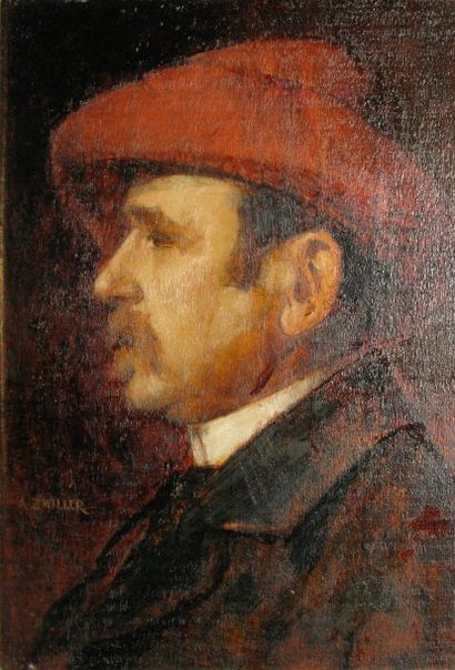Augustin ZWILLER Profil d'homme au chapeau rouge Huile sur panneau, signé en bas...