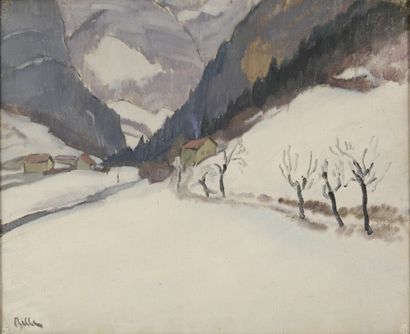 Marcel BELLE Vallée sous la neige Huile sur toile, signée en bas à gauche. 38 x 46...