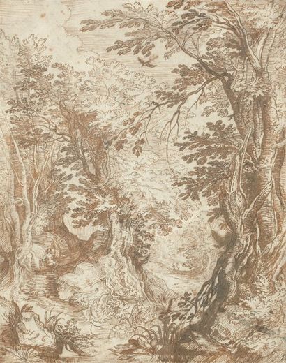 BRILL Paul (Attribué à) (Anvers 1554 -Rome 1626) Chemin dans la forêt Plume et encre...