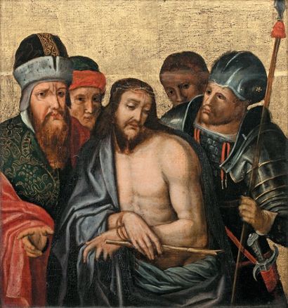 COXIE Michel (Ecole de) (1499 - 1592) Ecce Homo Huile sur panneau et fond d'or. Cachet...