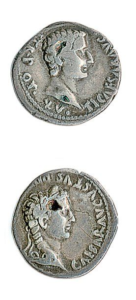 ROME, Auguste et Tibère. Denier au buste de Tibère. R / Buste lauré d'Auguste. C...