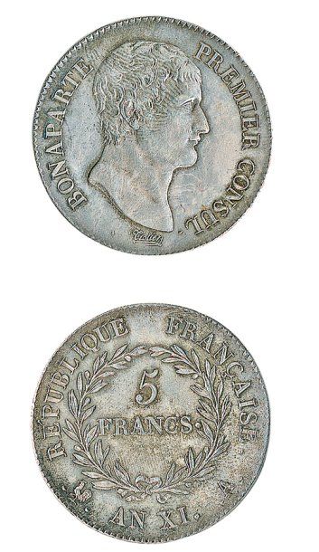 CONSULAT (1799 -1804). 5 francs, an XI Paris. G 577. Superbe, belle patine, infime...