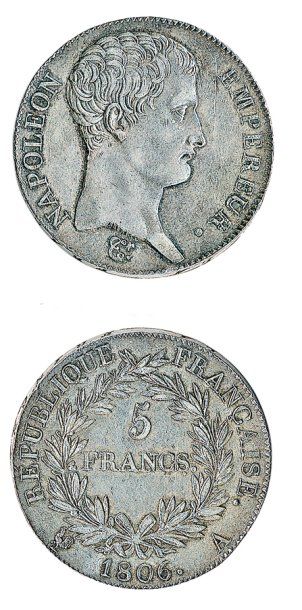 IDEM. 5 francs tête nue, 1806 Paris. G 581. Presque superbe, infimes marques au listel,...