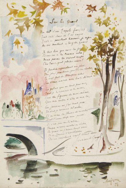 AUJAME Jean, 1905-1965 Sur les quais, 1954 aquarelle légendée d'un poème de Fernand...