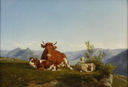GUY Louis, 1824-1888 Vaches et moutons dans un paysage vallonné, 1853 (ou 1883?)...
