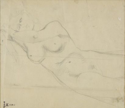 KONO Micao, 1876-1954 Nu féminin couché dessin à la mine de plomb sur calque (plis...