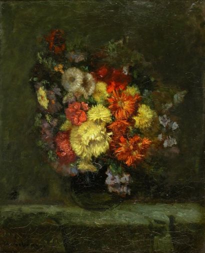 LEBOURG Albert, 1849-1928 Bouquet sur entablement huile sur toile rentoilé signé...