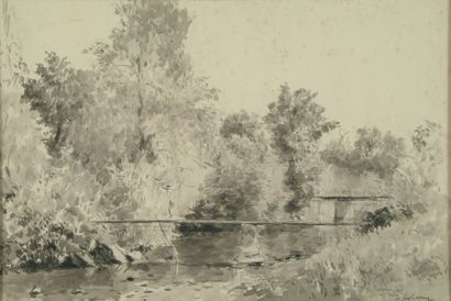 LEBOURG Albert, 1849-1928 Rivière à la passerelle lavis d'encre noire (quelques rousseurs)...