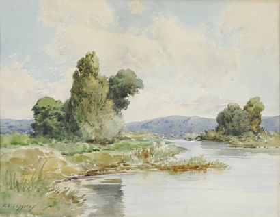 LESSIEUX Ernest Louis, 1874-1938 Bords de rivière aquarelle signée en bas à gauche...