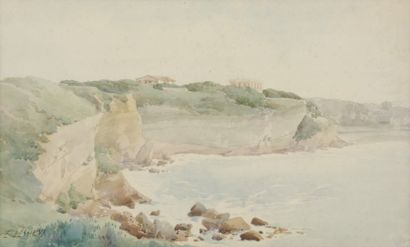 LESSIEUX Louis Ernest, 1848-1925 Rivage aux villas et aux falaises aquarelle (légères...