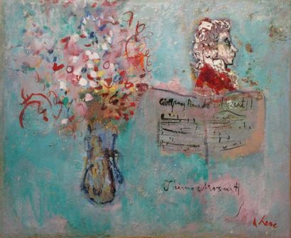 LEVÉ André, né en 1917 Mozart au bouquet huile sur panneau signé en bas à gauche...