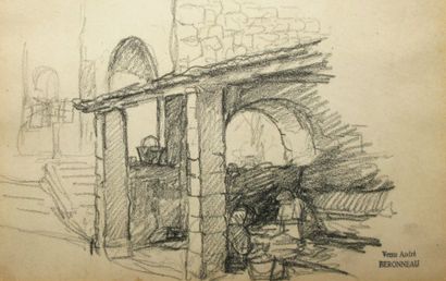 BERONNEAU André, 1886/96-1973 Le lavoir crayon noir cachet de la vente en bas à droite...