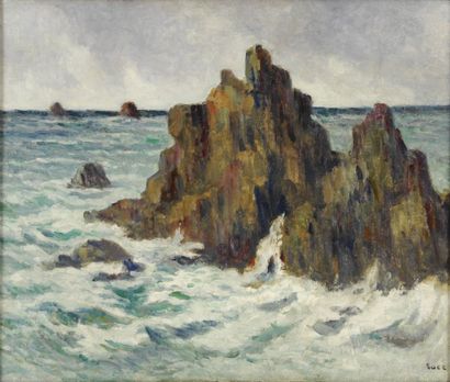 LUCE Maximilien, 1858-1941 Kermouster, marine aux rochers, circa 1913-1914 huile...