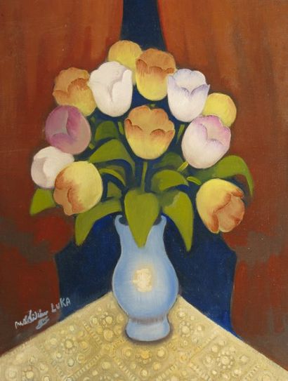 LUKA Madeleine, 1894-1989 Bouquet de tulipes au rideau rouge, fev. 1973 huile sur...