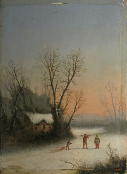 MALLEBRANCHE Louis-Claude, entourage de Le ramassage du bois en hiver huile sur panneau...