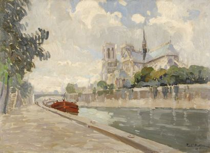 MATHIEU Paul, 1872-1932 La Seine et Notre-Dame, 1917 huile sur carton signé et daté...